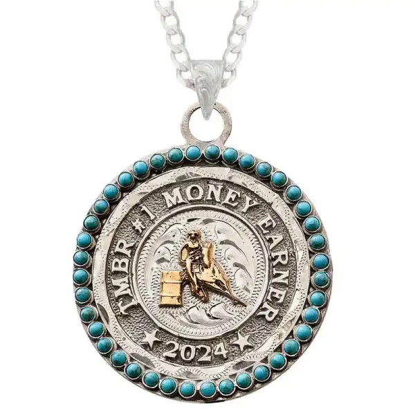 A custom pendant necklace for graduations featuring a barrel racing figure and custom silver lettering, with a sterling silver chain 